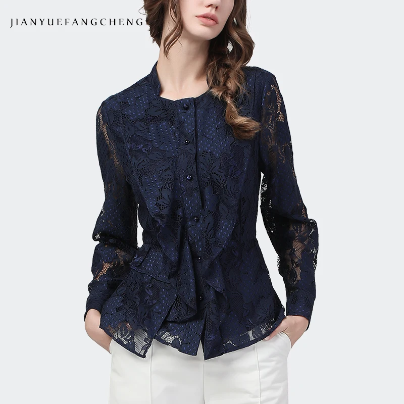 Blusa de renda feminina, camisa de manga longa com gola quadrada, de cintura fina, para outono e inverno 2020