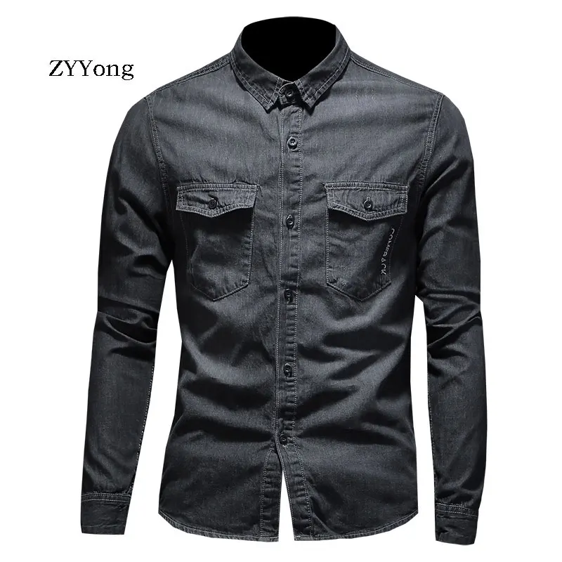 Autumn European Style Fashion Bomber Pilot Long Sleeve Black Thin Denim Shirt Men Jean Coat Motorcycle Casual Cowboy Clothing