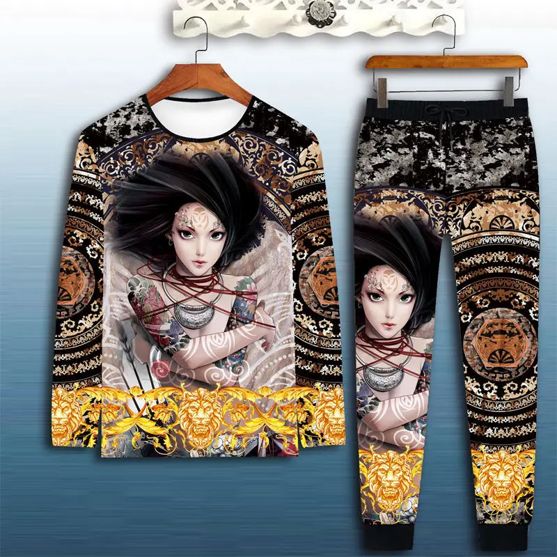 New men's sportswear suit male 3D little girl picture long-sleeved casual slim T-shirt trousers 2-piece printed T-shirt pants