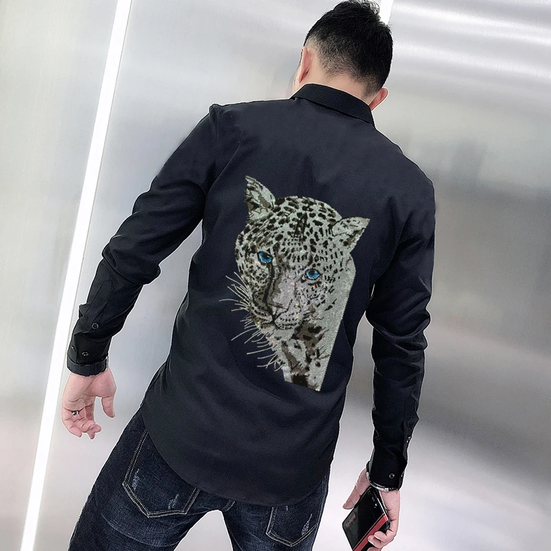 

New Handsome Rhinestone High-Quality Hot Diamond Autumn Men's T-Shirt Long-Sleeved Business Overalls Slim Night Tops