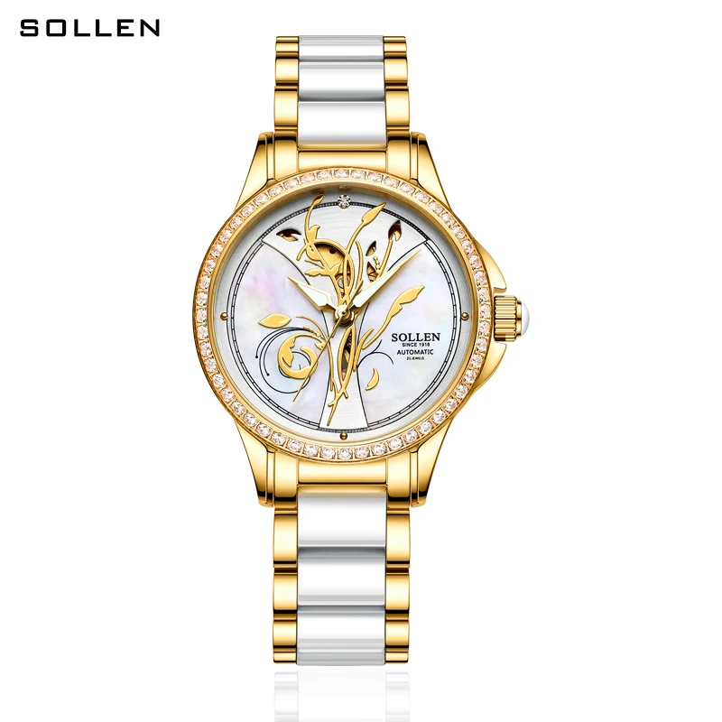 Switzerland Luxury Brand SOLLEN Automatic Mechanical Women's Watches Waterproof Diamond Space Ceramic Band Skeleton Clocks SL415