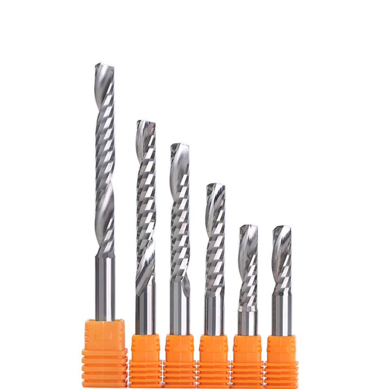 10 stks 3.175/4/5/6/8mm Carbide CNC Frezen een Fluiten Spiraal frezen Enkele Fluit Frees PVC Hout Cutter CEL 8-62mm