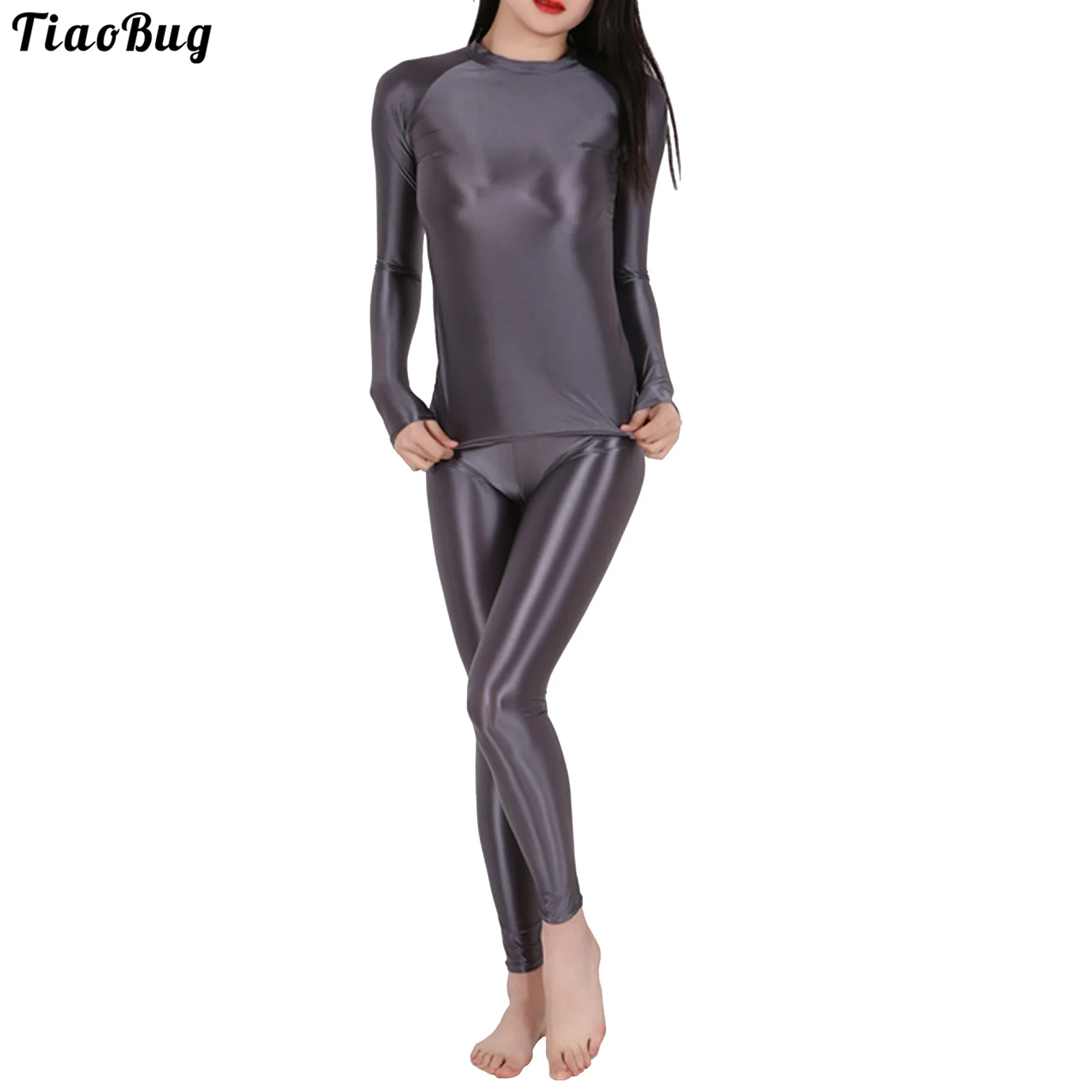 TiaoBug Two-Piece Set Women Outfit Soprt Glossy Stretchy Sport Yoga Fitness Outfits Crew Neck Long Sleeve T-Shirt With Leggings