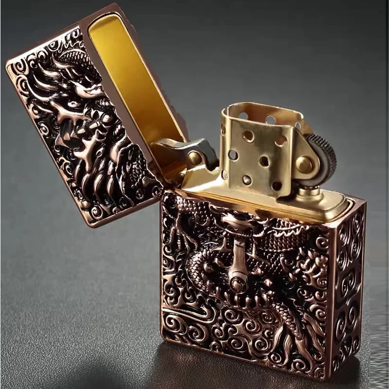 Vintage Heavy Armor Dragon Brass Kerosene Lighters  Grinding wheel Windproof Oil cigarette Lighter luxurious Fire Gift