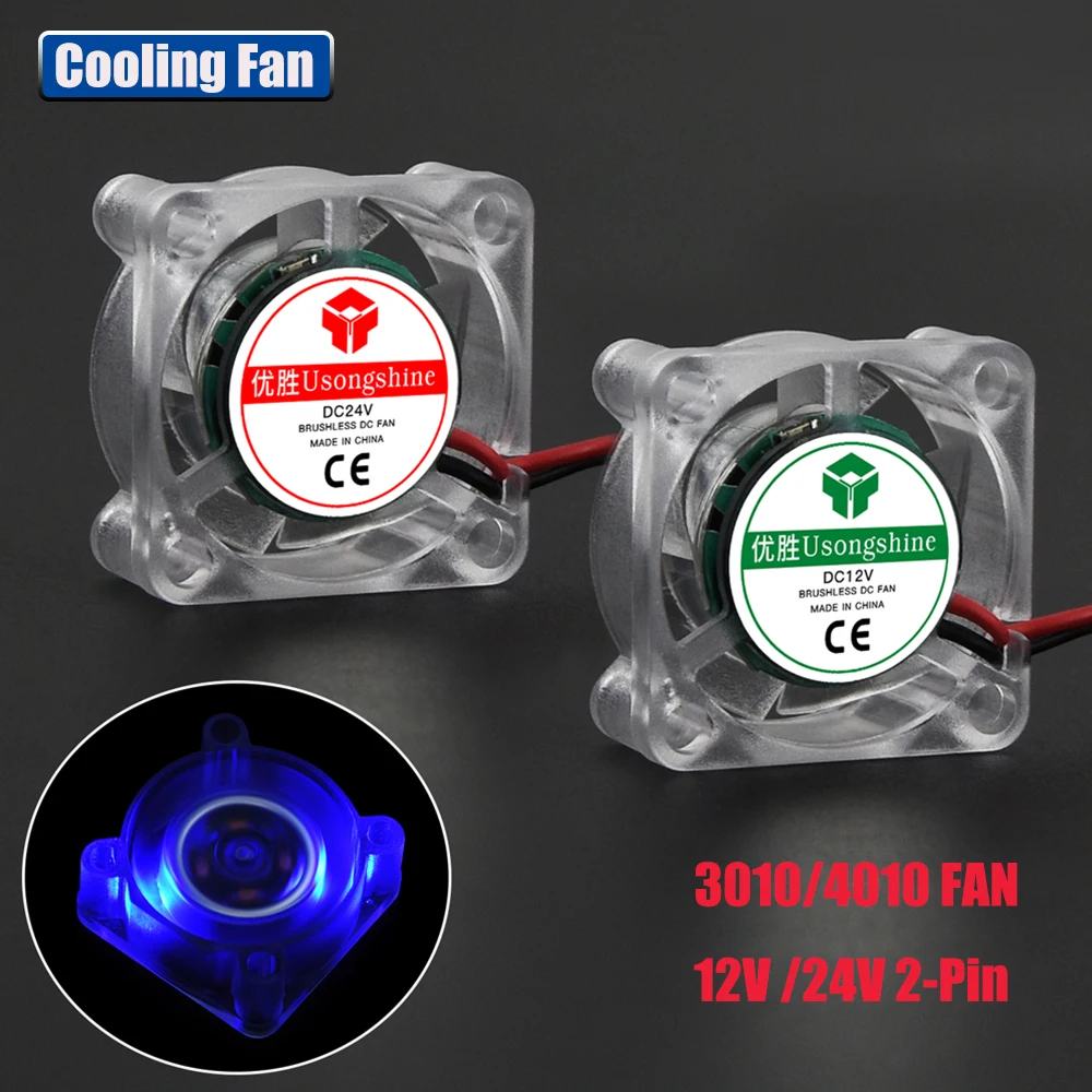 

3D Printer Parts Cooling Fan 4010 12V/24V Mini Transparent Hydraulic Fan XH2.54-2P L300mm with LED Light High quiet Exhaust Fan