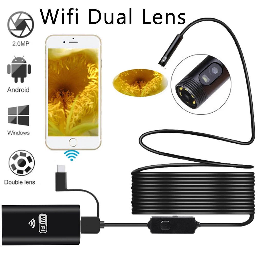 

Wireless Dual Lens Industrial Endoscope USB Type c Pipe Car Inspection Camera 8mm Borescope with Screen for Android Phone Iphone
