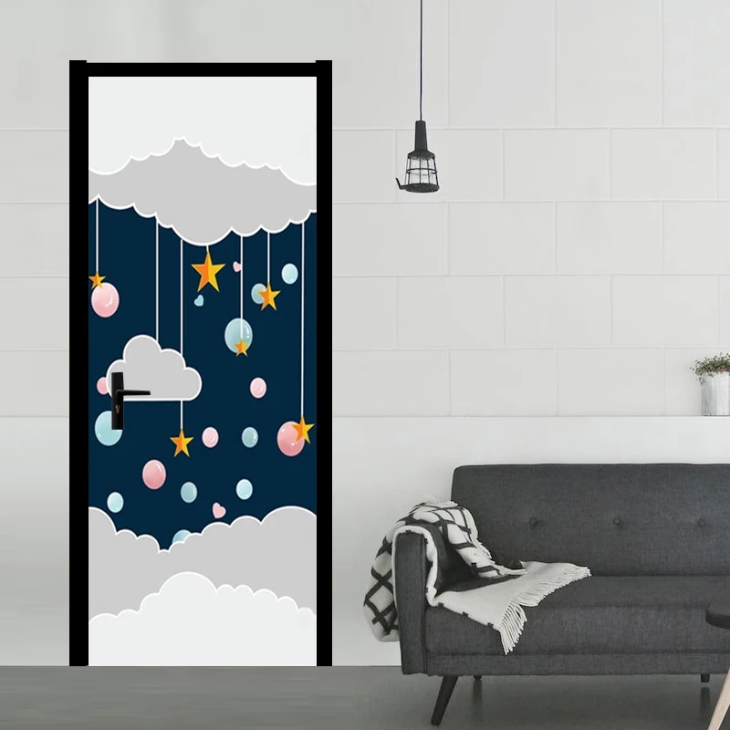 

Cartoon Night Blue Sky Cloud Stars Photo Mural PVC Waterproof Self-adhesive Door Stickers for Kids Bedroom Wall Decor DIY Poster