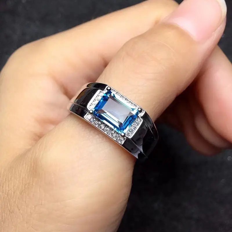 

gorgeous 6*8mm size Natural blue topaz gem Ring S925 Silver Natural Gemstone Ring men powerful party gift Jewelry