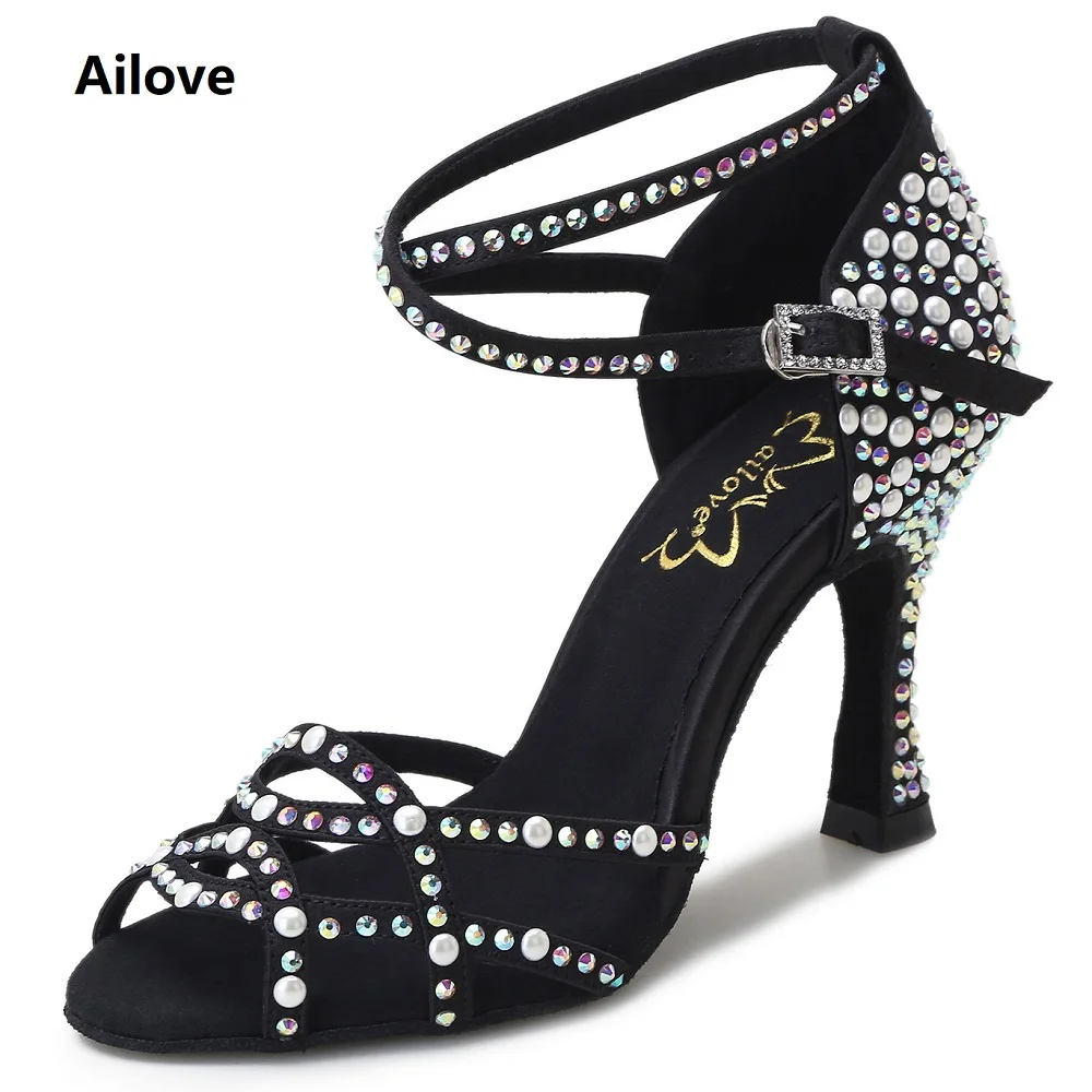 Women salsa party wedding shoes lady ballroom Latin dance sandals rhinestone shining skin black satin Cuba heel ALS030