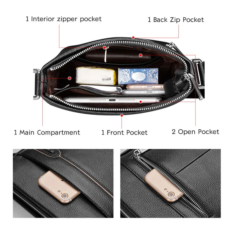 LAORENTOU Genuine Leather Men Crossbody Bag Business Shoulder Bag Real Cow Leather Side Messenger Bag for Man Vintage Casual Bag