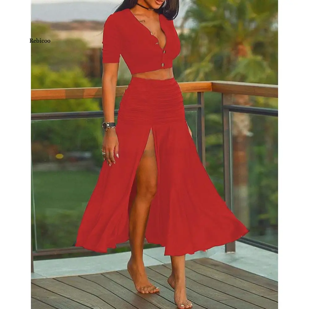 

Womens Two Piece Set Outfits V-Neck Button Solid Cropped Top High Slit Pleated Skirt Casual Streetwear Summer Women New