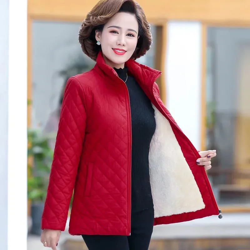 Autumn Winter Jacket Women 2022 New Solid Plus Velvet Cotton Padded Coat  Thin Short Jacket Middle-aged Female Tops