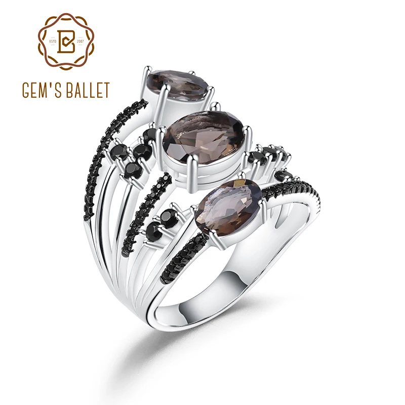 GEM'S BALLET 925 Sterling Silver Stackable Finger Ring Anniversary Jewelry 3.30Ct Natural Smoky Quartz Gemstone Rings For Women