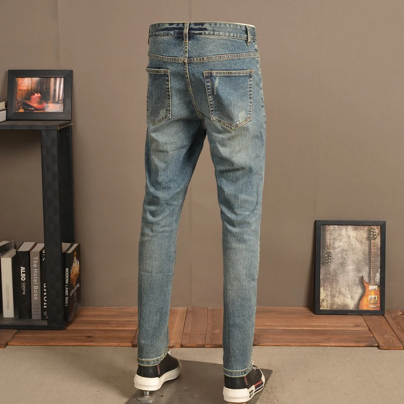 Vintage Blue Jeans Men Streetwear Casual Retro Slim Fit Denim Pants