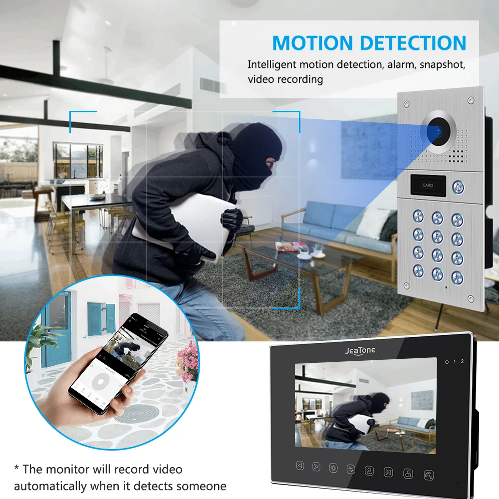 Jeatone 7Inch WiFi Video Intercom With 1080P Camera Entrance Gate Coder Passcode & ID Card Unlock And Motion Detection Fish Eye