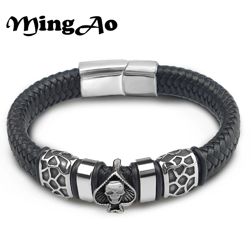 MingAo 12*6mm Braided Leather 316l Stainless Steel Charm Male Bracelets Spades Skull Head Bangle Punk Wristband Men's Jewelry