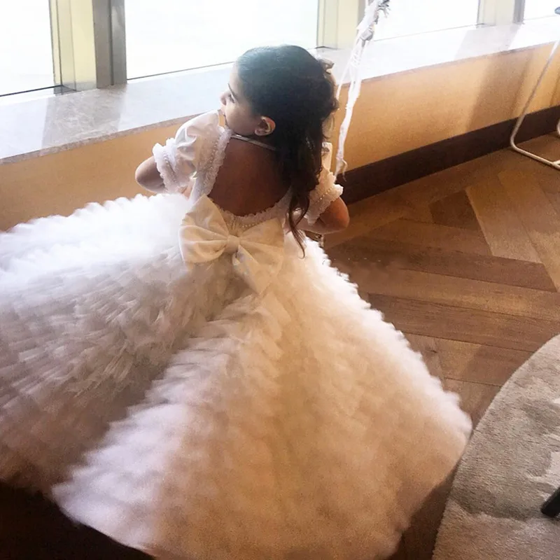 ยาวใหม่ดอกไม้ชุดสำหรับงานแต่งงานเจ้าหญิงประกวดชุดฉัตร Puffy Tulle Backless Girls First Communion ชุด