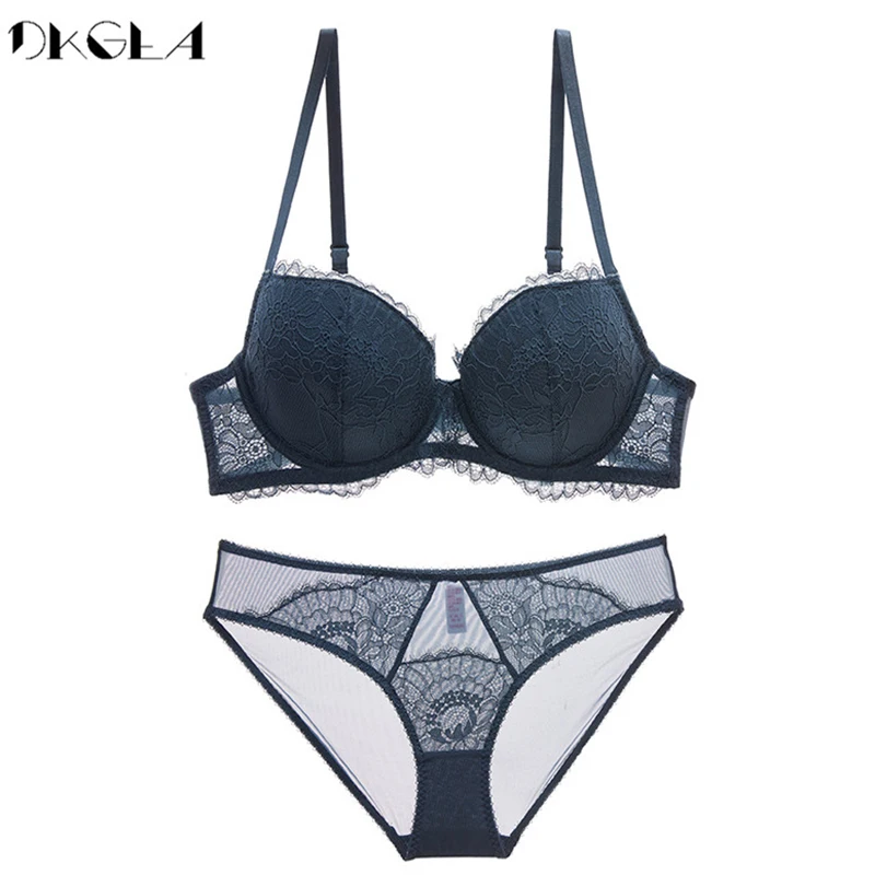 New Fashion Thin Cotton Underwear Set Women Embroidery Brassiere Sexy Bra Panties Set Plus Size D E Cup Lace Lingerie Set Green