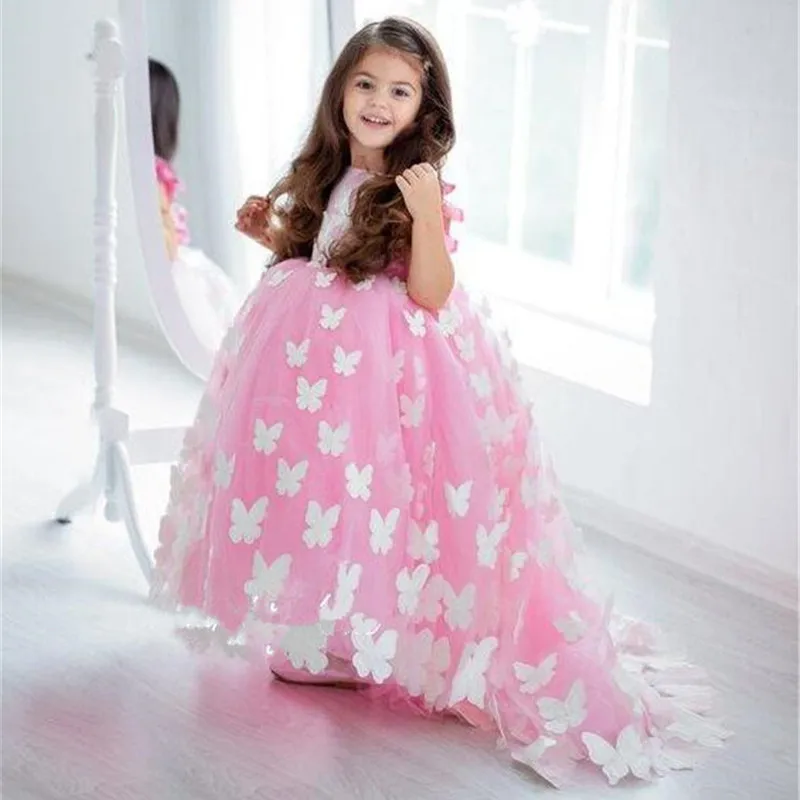 Doce artesanal borboletas rosa flor menina vestido para ocasião especial sem mangas sem costas vestidos de princesa menina pageant