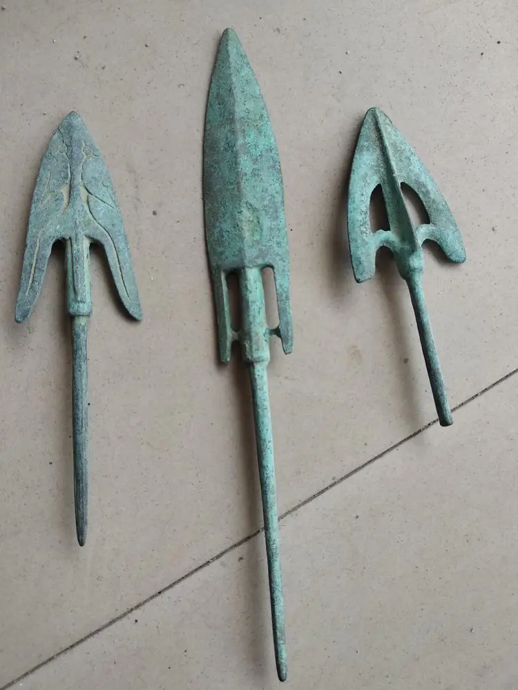 

3 Piece Vintage Spear Ancient Men Working Tool Model Chinese pike Lance Bronze Pick fishgig Case Very Rare