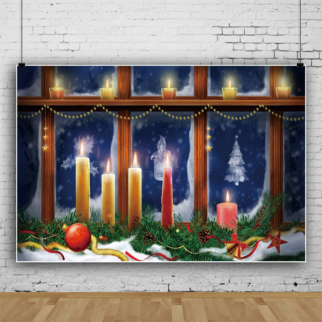 Laeacco คริสต์มาส Windowsill พื้นหลังเด็กวันเกิด Portrait เทียนคริสต์มาสต้นไม้ถ่ายภาพฉากหลังสำหรับ Photo Studi