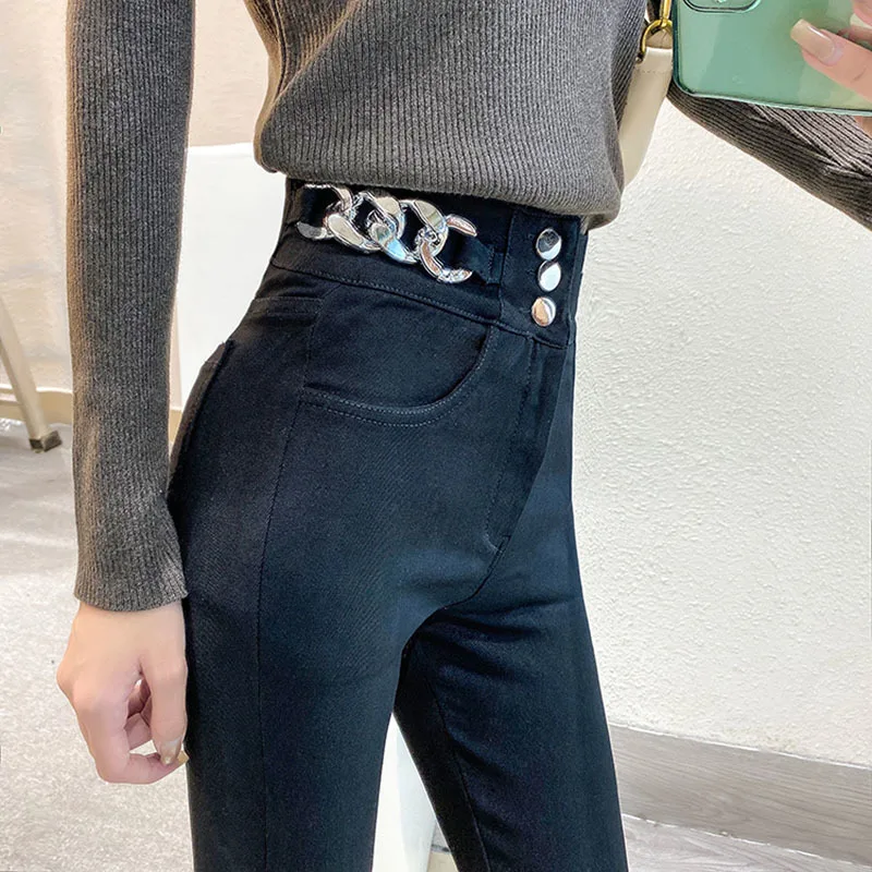 

2022 New Spring Autumn New High Waist Tight Fitting Slim Gold Chain Decoration Stretch Black Pencil Pants Women KZ1009