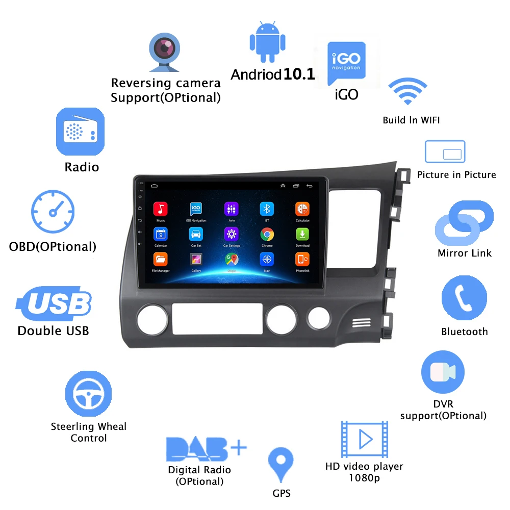 Leitor multimídia do carro com tela sensível ao toque, áudio estéreo, rádio para Honda Civic-R direito 2005-2012, alto-falante 4G DVD, Android 10.0, 2 Din