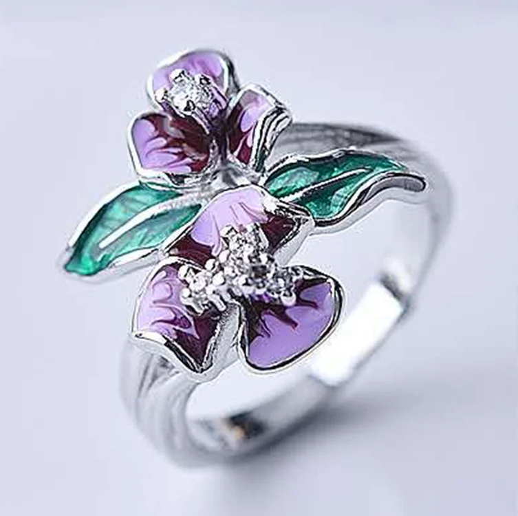 Irises Rings for Women Lady Temperament Flowers Ring Full Zircon Purple Enamel Rings Women Ring Wedding Band Ring Party Ring