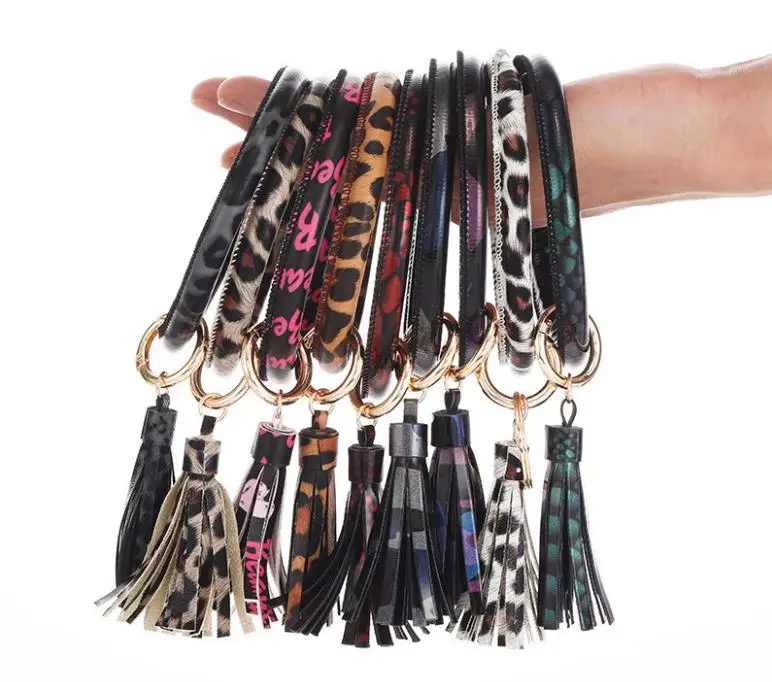 Tassel Bangle Leopard Keychain Bracelets Keyring Leather O Wristlet Bracelet Circle Key Ring Holder Girls Gift SN3336