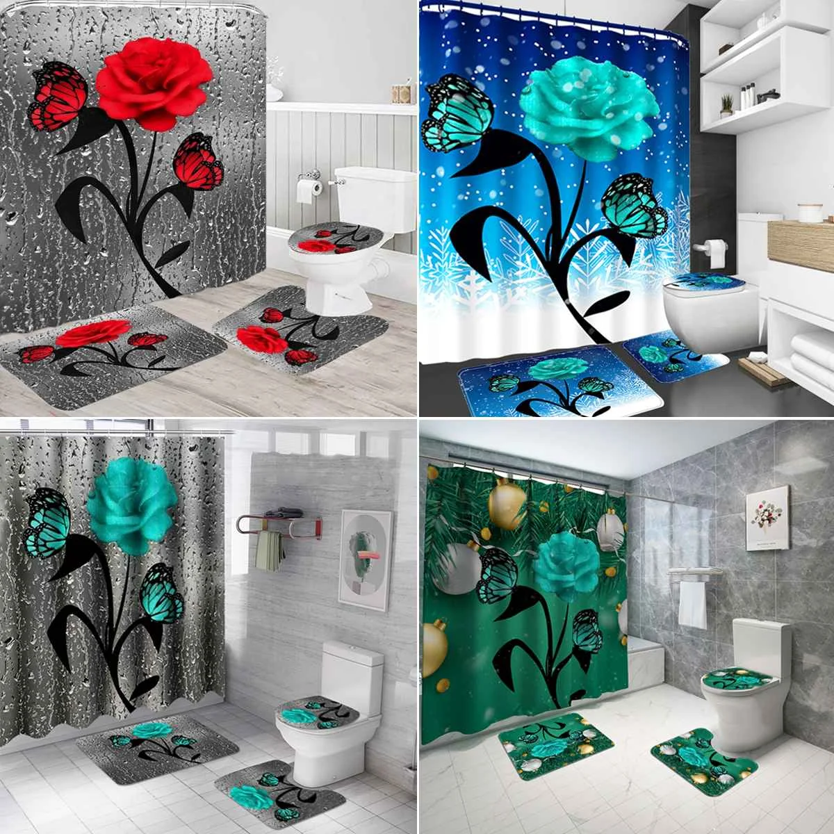 Juego de alfombrillas antideslizantes para baño, juego de cortina de ducha resistente al agua, alfombra de Pedestal, tapa de inodoro, alfombras, rosa y mariposa roja