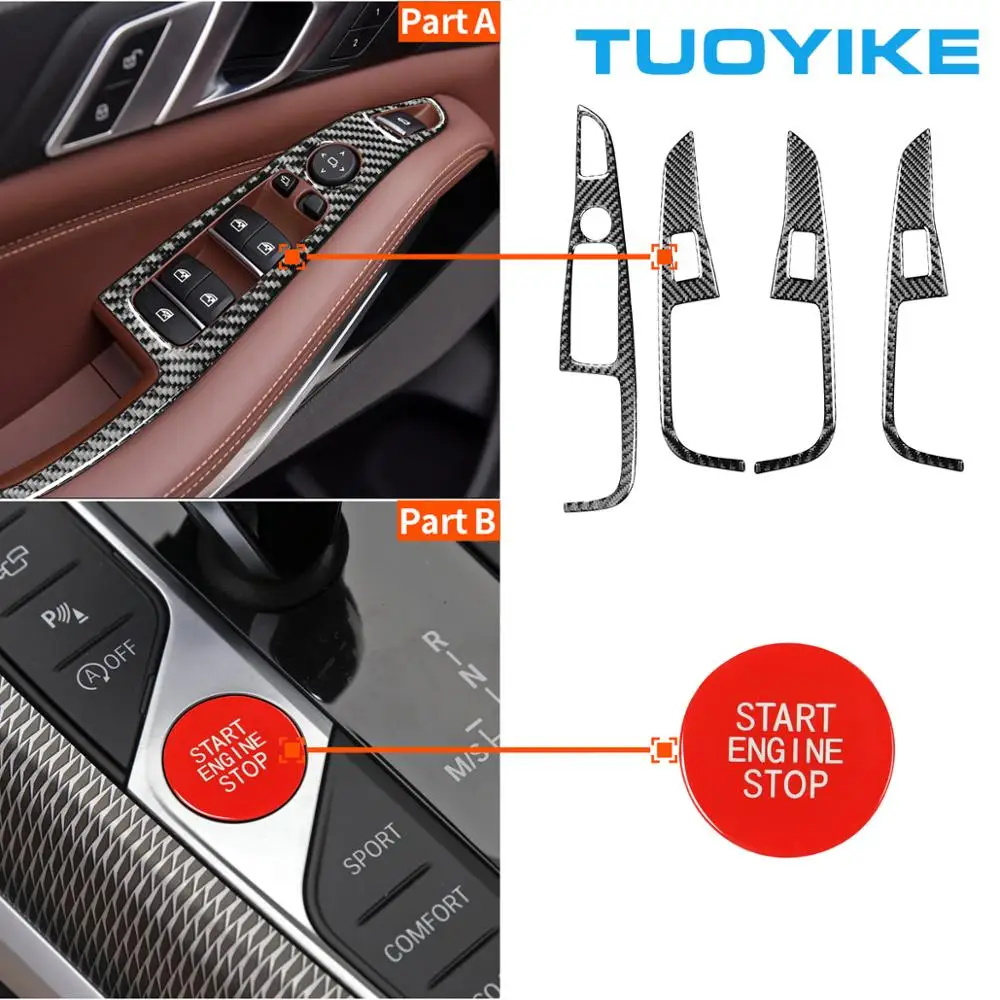 

Car Styling Carbon Fiber Window Lift Switch Button Panel Cover Frame With Red Start Stop Engine Button For BMW NEW X5 G05 X7 G07