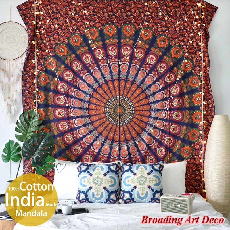 

100%Cotton Screen Print Mandala 210x230CM "Red-Green" Tapestry Wall Hanging Handmade in India Boho Tapestries Yoga Mat Bedsheet