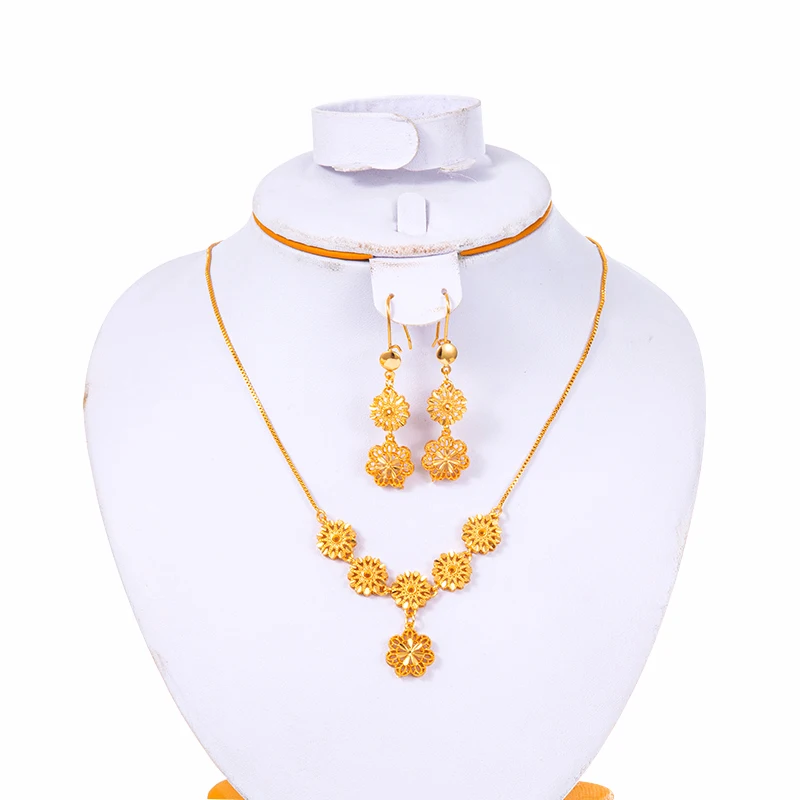 Ethiopian Dubai Jewelry Sets for Women 18k Gold Plated Copper African Necklace Earrings Sets Arab Wedding Bridal Dowry Jewelry