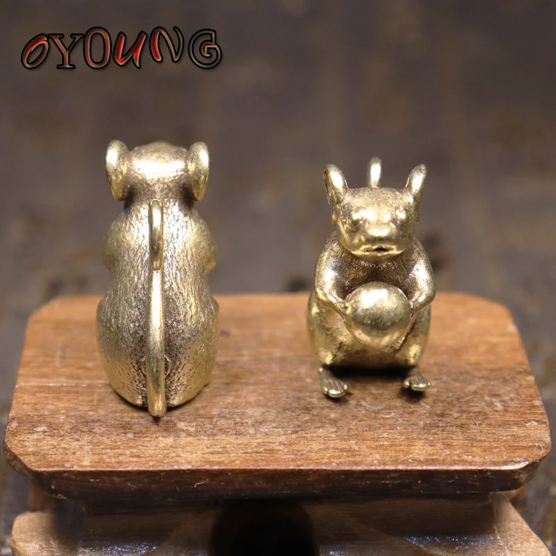 Copper Cute Mouse Peach Miniatures Figurines Tea Pet Table Ornament Crafts Brass Animal Rat Statue Home Decorations Accessories