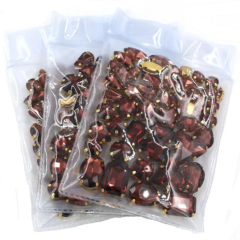 Wholesale 5 bags mixed shape sew on glass Crystal Wine red gold base  rhinestones diy dress/Clothing accessories