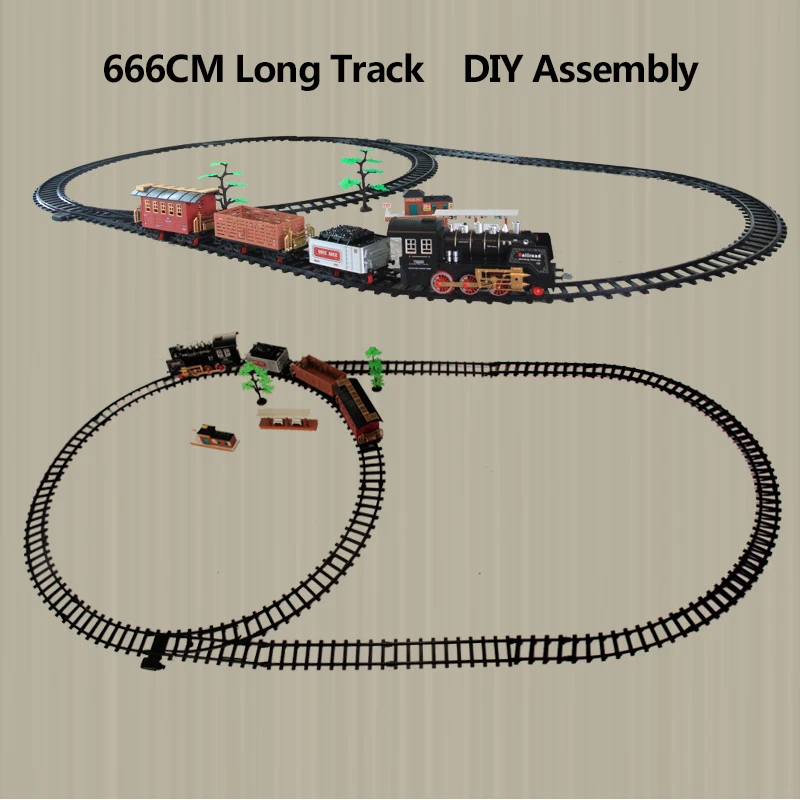 120CM Simulation Remote Control Steam Train 666CM Track DIY Assembly Whistle Sound Effect Smoking Chimney Railway Model RC Toys