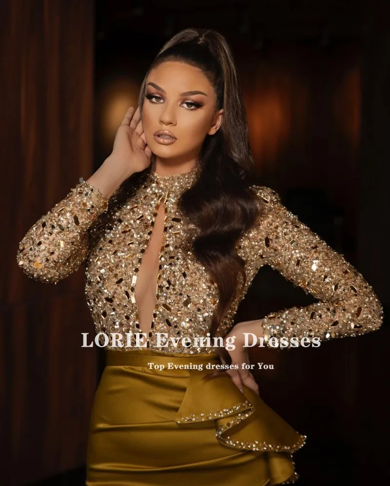 Eightale Arabisch Avondjurk Goud Hoge Hals Kralen Sequines Mermaid Prom Gown Lange Mouwen Celebrity Cut Out Party Dress 2021