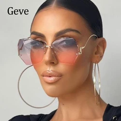 Trendy Metal Rimless Sunglasses Women 2024 Fashion Brand Designer Gradient Sunglasses Female Vintage Shades Travel UV400