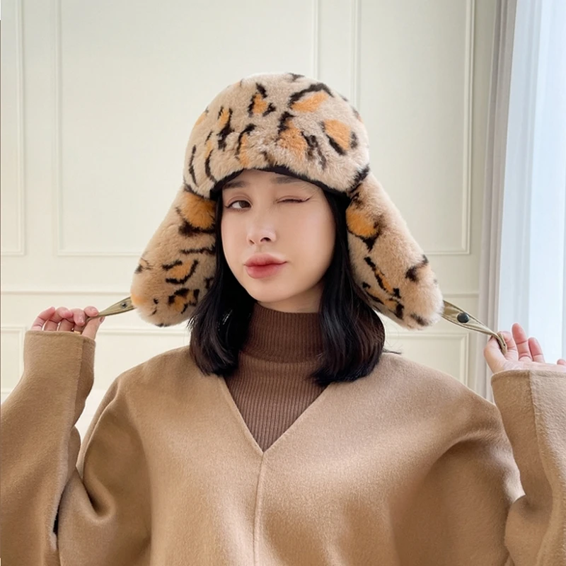 

2021 New Real Fur Hat Women Natural Rex Rabbit Fur Caps Russian Ushanka Hats Winter Thick Warm Ears Protector Fashion Bomber Cap