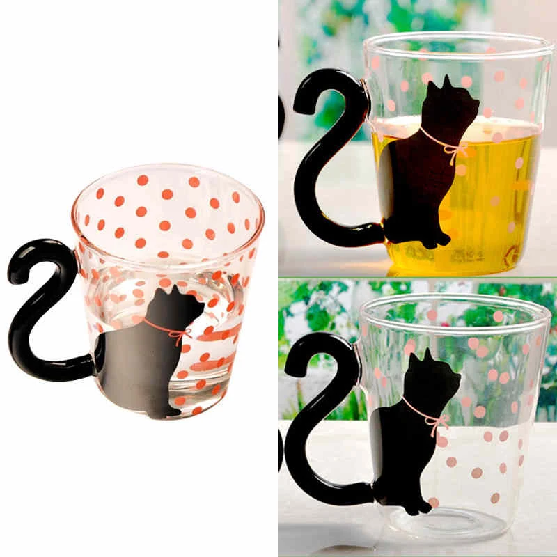 1Pcs Creative Cat Glass Cups with Cat Tail Handle Coffee Glass Lovers Cups Milk Mug Lover Valentine's Day Romantic Present