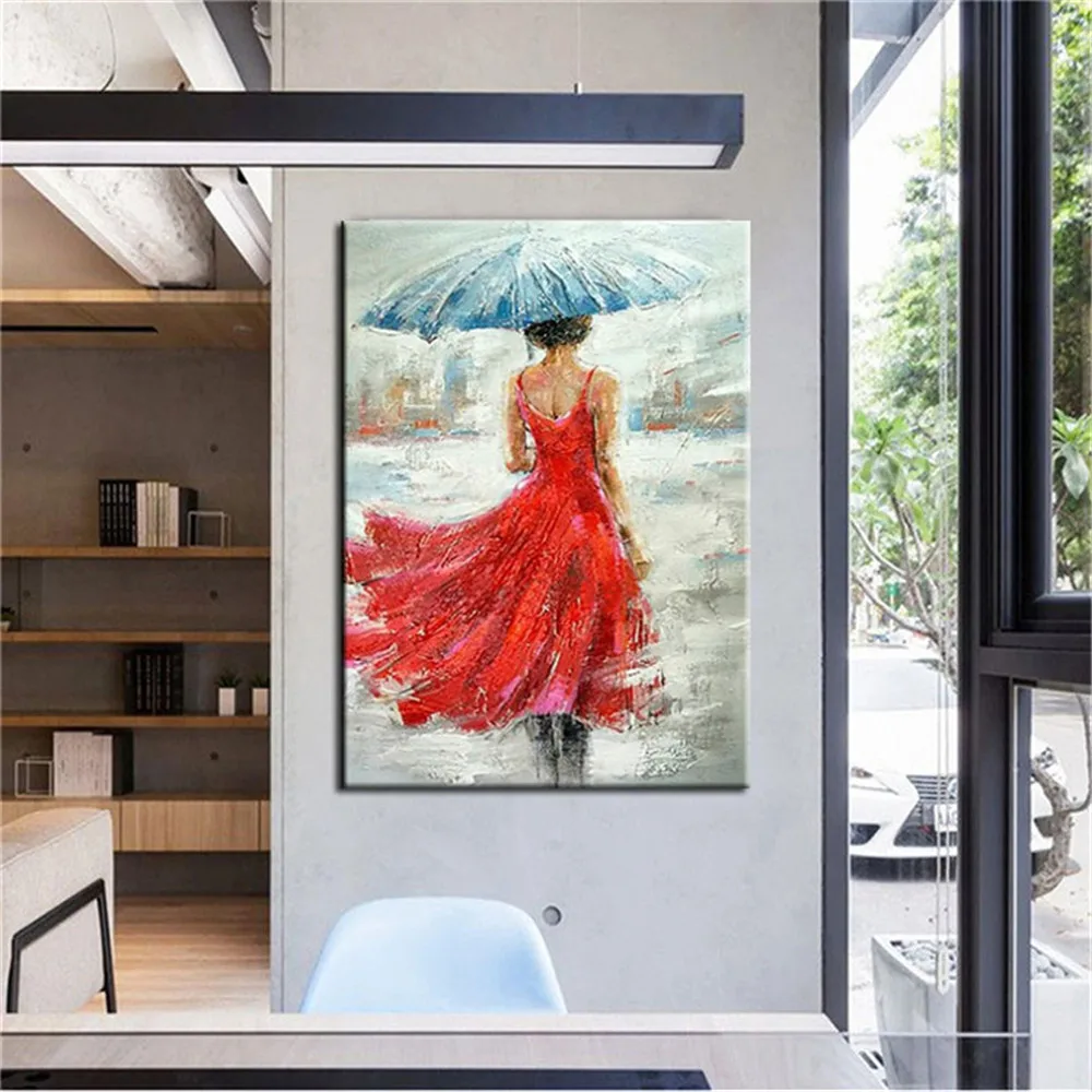 الحديثة رسمت باليد قماش النفط اللوحة مجردة الأحمر تنورة فتاة ديكور المنزل جدار صورة فنية لغرفة المعيشة الزفاف المشارك هدية