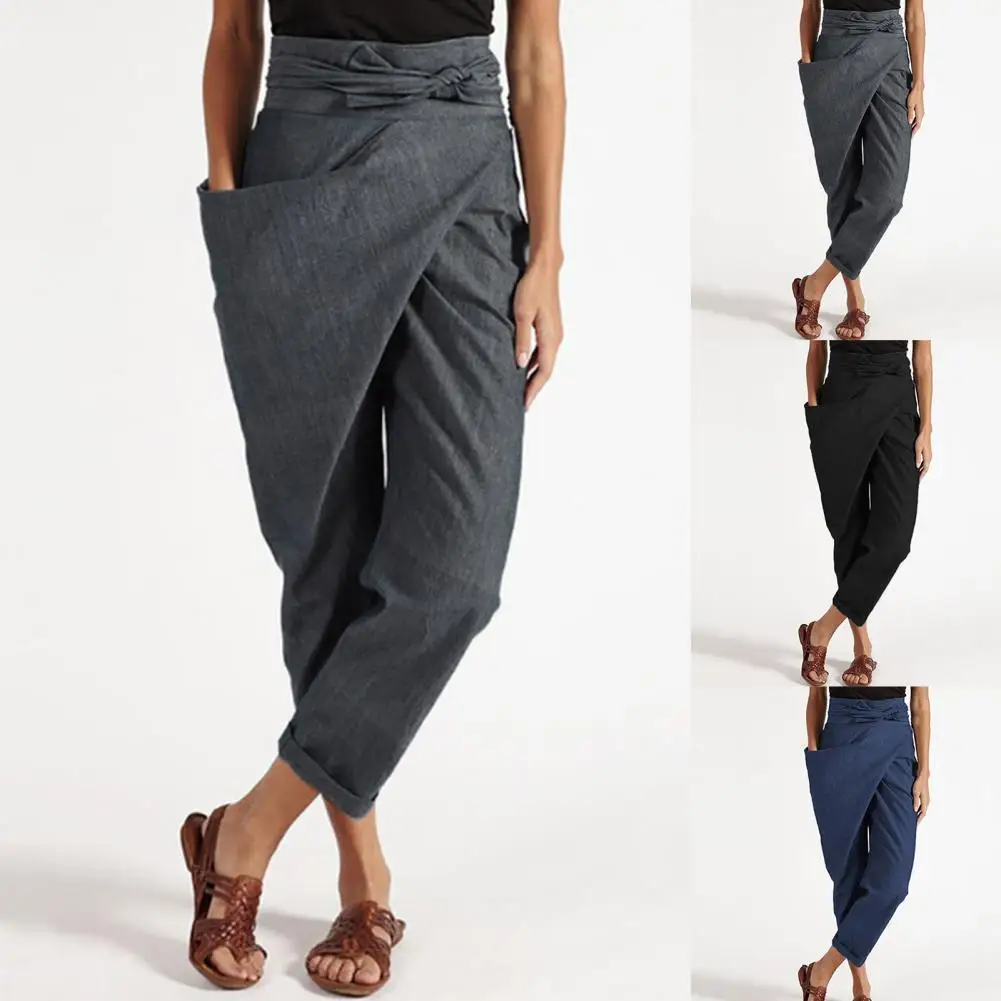 New Women Summer Pants Irregular Pockets Streetwear Solid Color High Waist Trendy Straight Wide Leg Cropped Pants for Dating