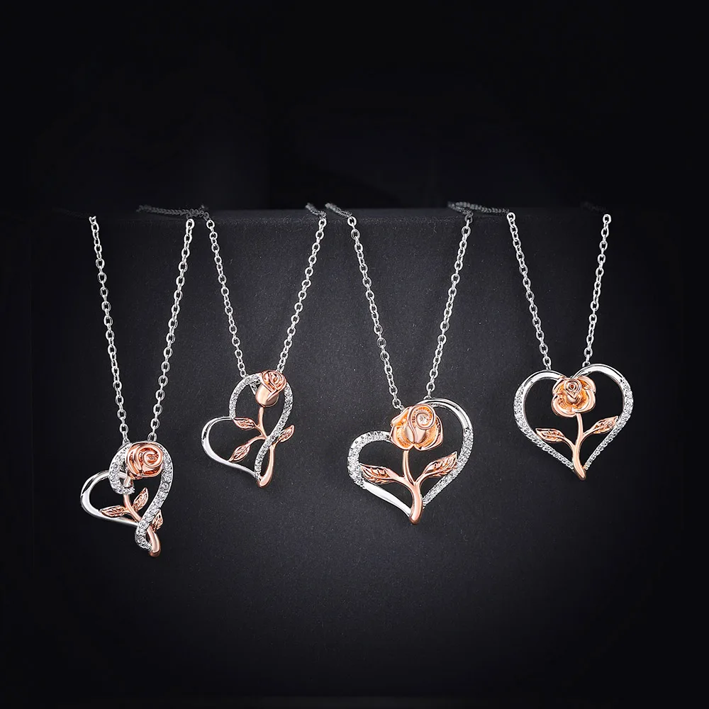 Rose Flower Pendant Heart Necklaces For Women Two-tone Zircon Aesthetic Jewelry Gift for Mom Girls Wholesale N172