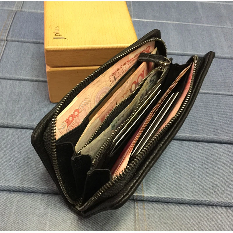 Fashion PUNK Rivet Chain Genuine Leather Wallet Men Long wallet Male Purse Clutch Bag Money clip Phone Case Black WL009