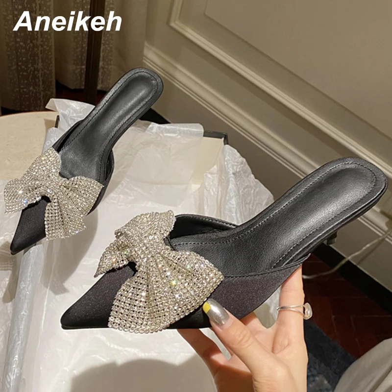 Aneikeh Sexy pointed Toe Mid Heel Spring Women Mules Fashion Butterfly-Knoe Decoration Slip-On Slippers Sandalias Mujer 2024 New