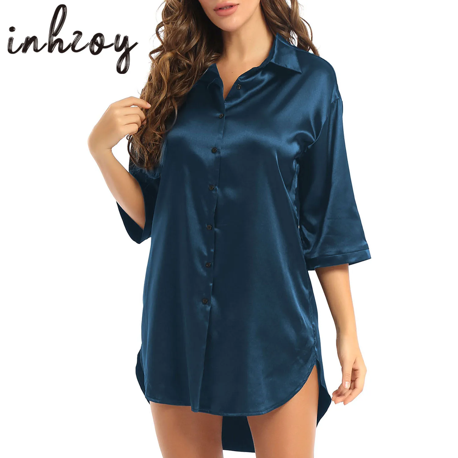 

Womens Satin Nightgowns Silk Sleepshirt Button Down Sleep Dress Long Sleeve Boyfriend Notch Collar Sleepwear