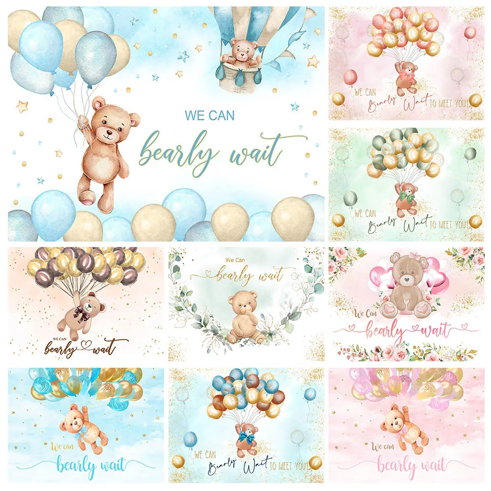 

Mocsicka We Can Bearly Wait Baby Shower Backdrop Balloons Bear Newborn Birthday Photography Background Custom Studio Photo Shoot