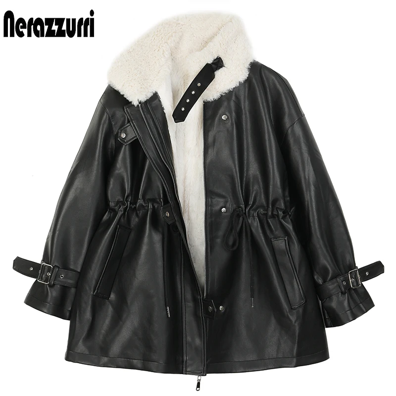 Nerazzurri-Chaqueta gruesa y cálida de piel sintética para mujer, abrigos forrados de piel sintética con cremallera en el interior, manga larga, color negro, moda de invierno