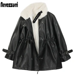 Nerazzurri Dicke warme schwarz faux leder jacke mit fell innen lange sleeve zipper Winter faux pelz gefüttert mäntel für frauen mode