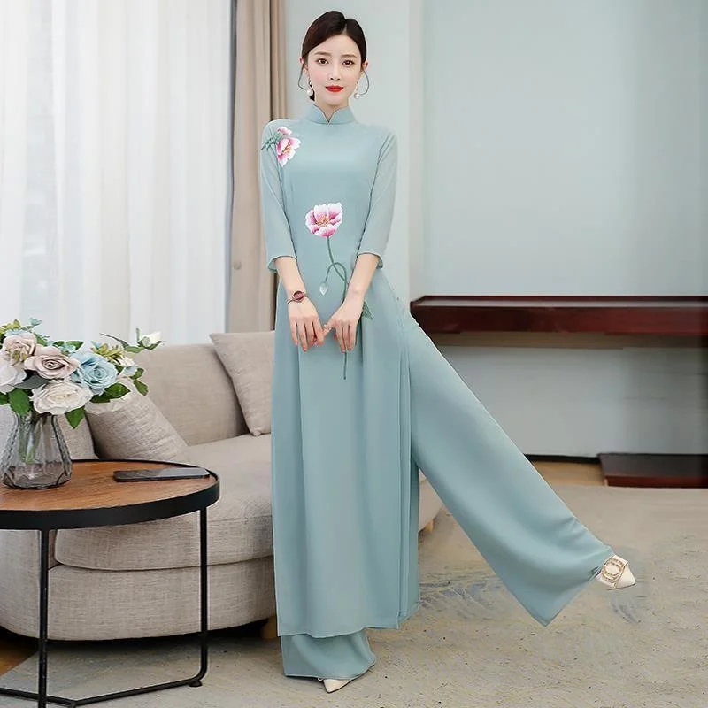 Imagem -06 - Estilo Chinês Conjunto de Duas Peças para Mulheres Longo Topos Calças Ternos Rosa Branco Magro Casual Vintage Harajuku ao Dai Vietnam 2023 Impresso